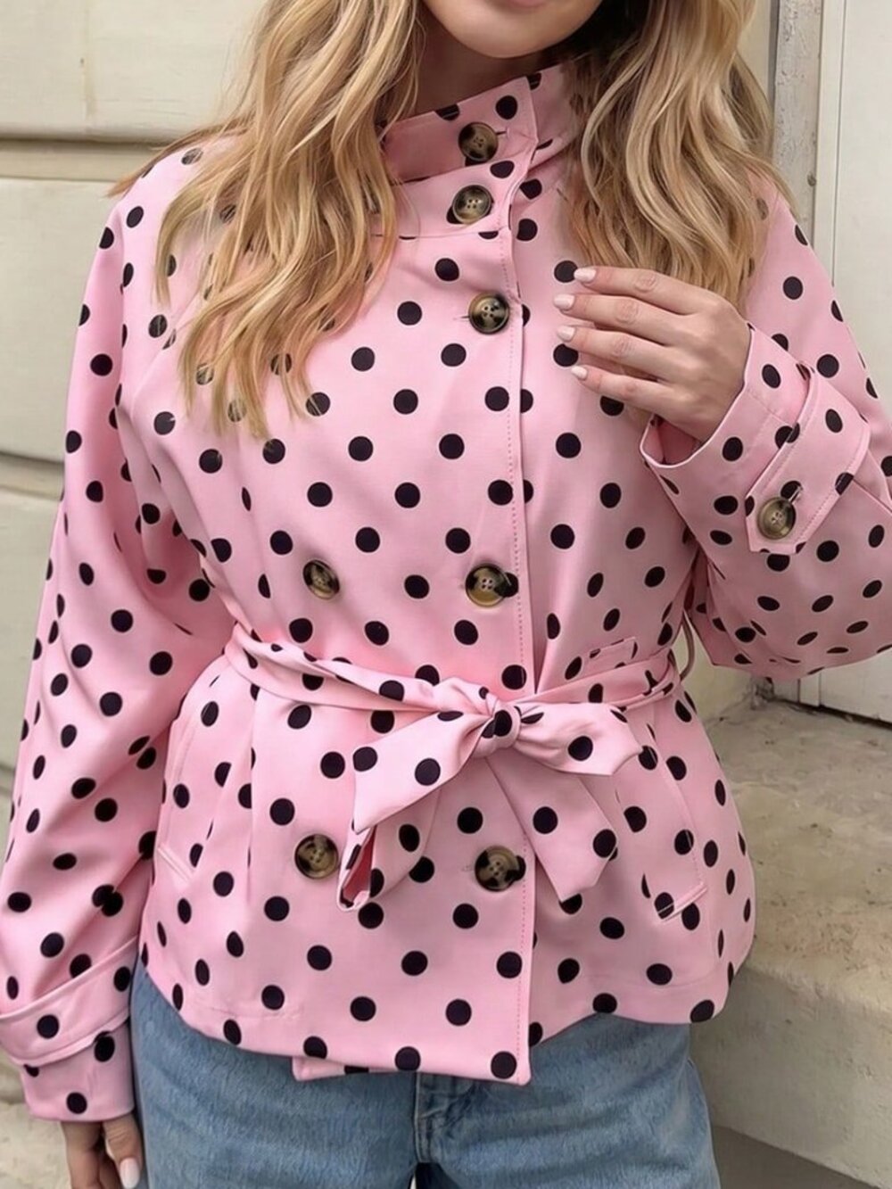 Pink Casual Women's Polka Dot Belted Stand Collar Long Sleeve Peplum Jacket - Picture 5 of 5
